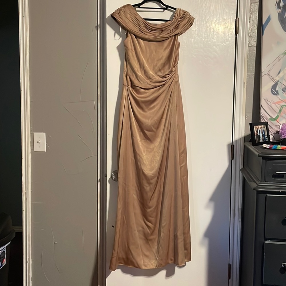David’s Bridal off the shoulder cream/gold dress